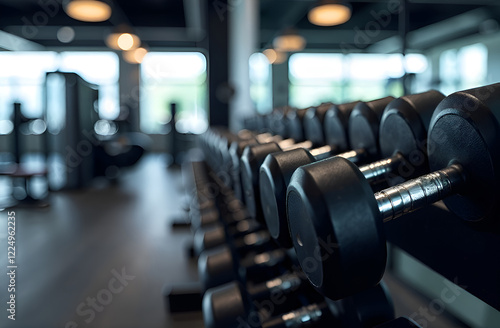 Modern gym setting with a focus on a rack of dumbbells in the foreground, with blurred gym equipment. Blurred background, selective focus.