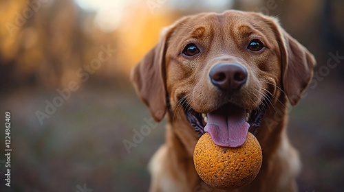 Adorable Fox Red Labrador Retriever Puppy Playing in Autumn photo