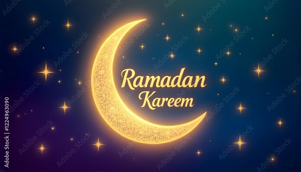 Naklejka premium Glowing Ramadan Kareem Crescent Moon and Stars