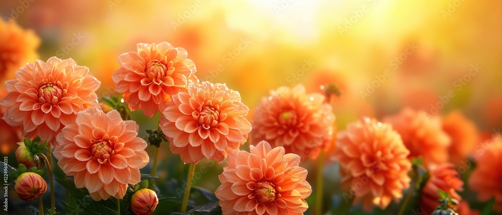 Orange dahlia flowers blooming in a garden bathed in warm golden sunlight creating a dreamy scene Orange dahlia flowers blooming in a garden bathed in warm golden sunlight creating a dreamy scene