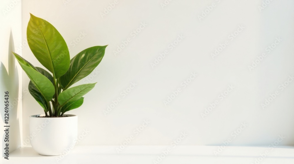 Serene Plant in a White Pot Against a Bright Wall, a Simple and Peaceful Home Decor Scene Serene Plant in a White Pot Against a Bright Wall, a Simple and Peaceful Home Decor Scene