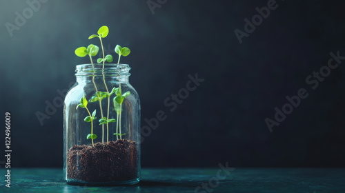 Seedlings sprout in glass jar filled with soil, symbolizing growth