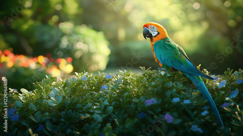 A parrot is at a beautiful place like a park.