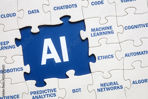 AI Artificial Intelligence solutions jigsaw puzzle and wordcloud