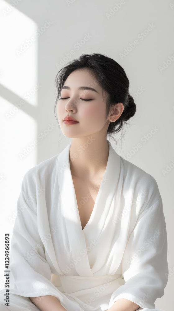 Sophisticated woman with glowing skin in serene white attire Sophisticated woman with glowing skin in serene white attire