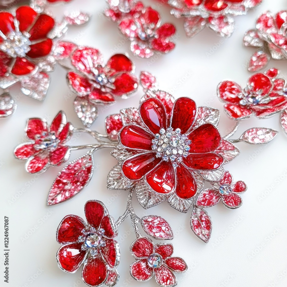 Fototapeta premium Red floral jewelry on white background