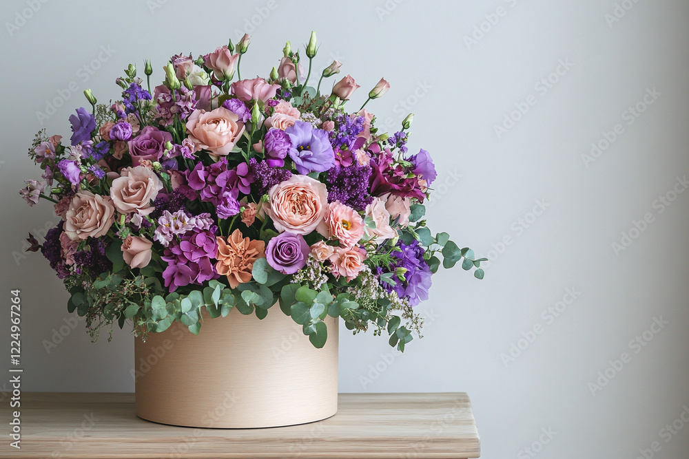 Bouquet of floristry flowers in round box on minimalist background Bouquet of floristry flowers in round box on minimalist background