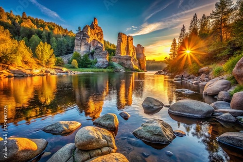 Sunlit Rock Formation Over Vishera River, Ural Mountains, Russia - Urban Exploration Photography photo