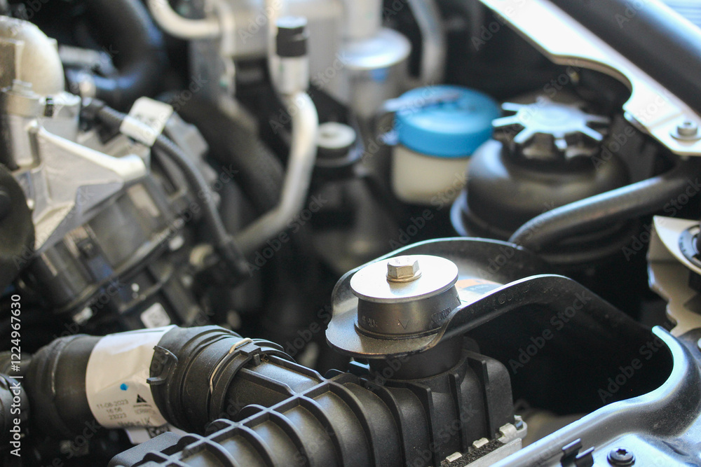 Radiator mounting bracket and other engine bay components of a new vehicle
