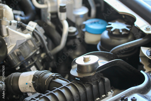 Obraz na płótnie Radiator mounting bracket and other engine bay components of a new vehicle w salonie