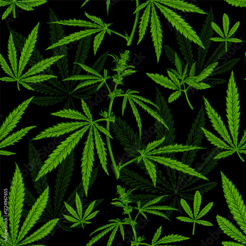Seamless pattern with hand drawn sketch of Cannabis. Vector illustration of leaves and plant Hemp. Botanical drawing of Medical Marijuana foliage. Vintage engraved style