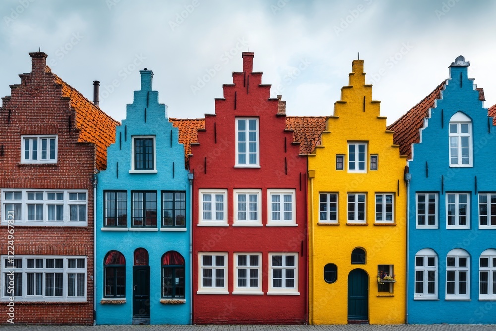 Fototapeta premium Colorful Historic Houses Vibrant Facades Dutch Architecture Row of Homes Old Town Charm Europe