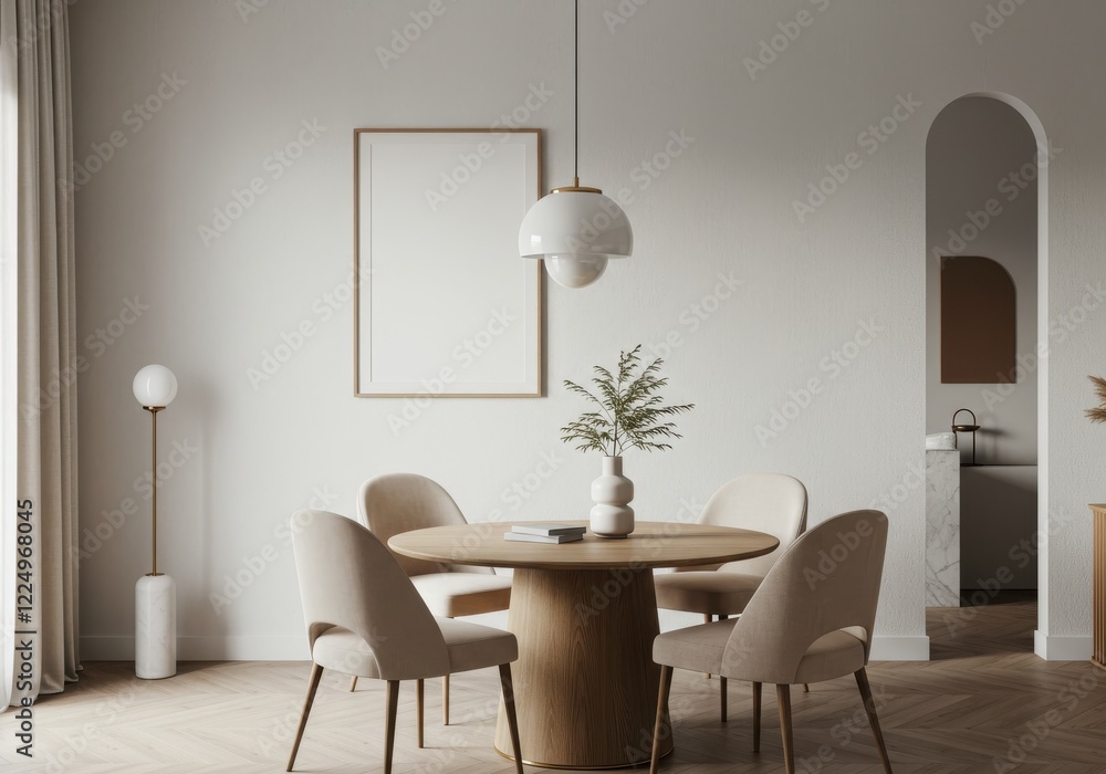 Fototapeta premium Minimalist dining room, round wooden table, beige upholstered chairs, large empty frame on wall, neutral color palette, contemporary interior design, soft natural