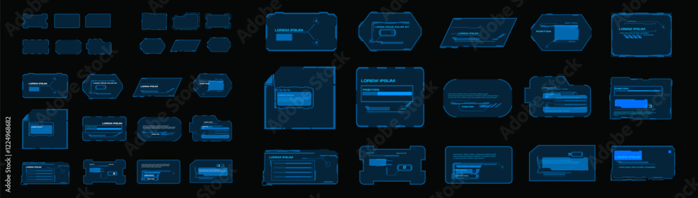 Vector frame set blue neon frames and holographic panels for personal HUD graphical interface. Collections HUD elements. Futuristic GUI UI framework set. Boxes with information. Modern elements set Vector frame set blue neon frames and holographic panels for personal HUD graphical interface. Collections HUD elements. Futuristic GUI UI framework set. Boxes with information. Modern elements set