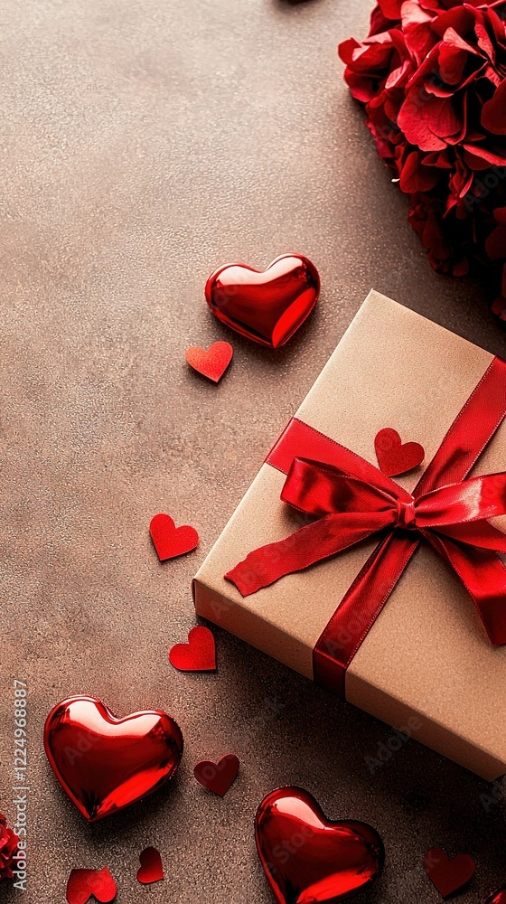 A beautifully wrapped gift with a brown paper exterior adorned with a red ribbon and heart-shaped confetti sits atop a table A beautifully wrapped gift with a brown paper exterior adorned with a red ribbon and heart-shaped confetti sits atop a table