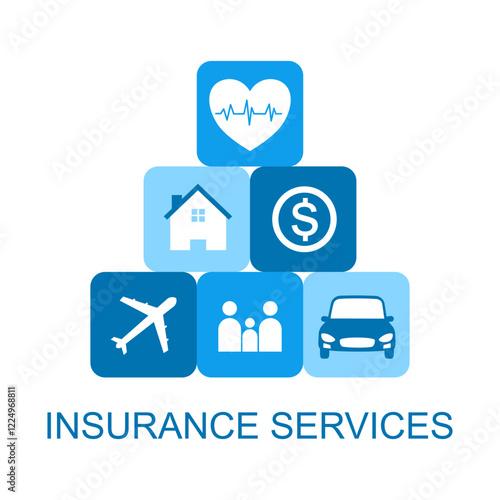 Insurance services. Life, property, car, health, family, travel, home insurance concept in flat design vector illustration.