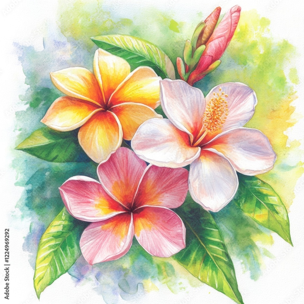 Fototapeta premium Tropical flowers bouquet, watercolor painting, vibrant colors, green background, greeting card design