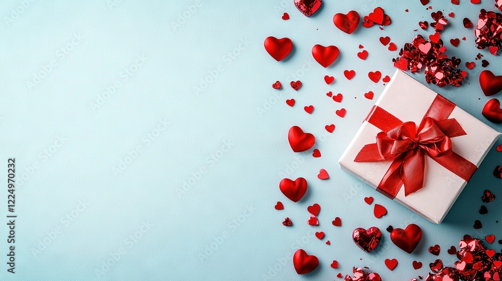 A white box with a red ribbon and scattered hearts on a blue backdrop with confetti A white box with a red ribbon and scattered hearts on a blue backdrop with confetti