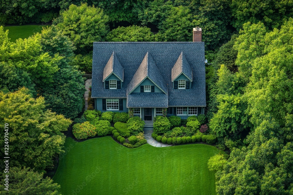 Fototapeta premium Aerial View Luxury Home Green Lawn Lush Trees Landscaping