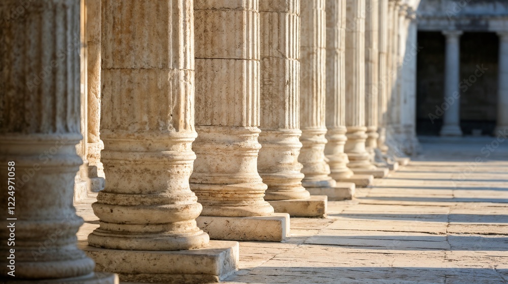 Classical stone columns in perspective with sunlight. Perfect for architectural heritage and education concepts. Classical stone columns in perspective with sunlight. Perfect for architectural heritage and education concepts.