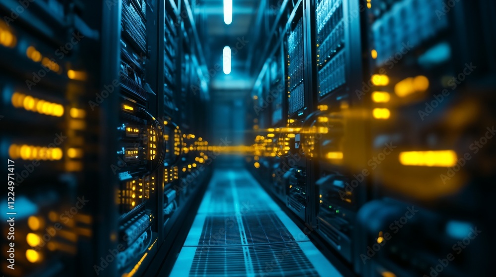 Obraz premium Modern server room with blue lighting effects. Perfect for data center and technology infrastructure.