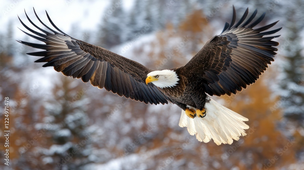 Fototapeta premium Majestic bald eagle in flight, wings spread wide against snowy, autumnal backdrop.