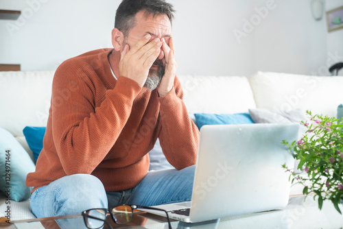 Photography Tired adult man feel pain eyestrain holding glasses rubbing dry irritated eyes f