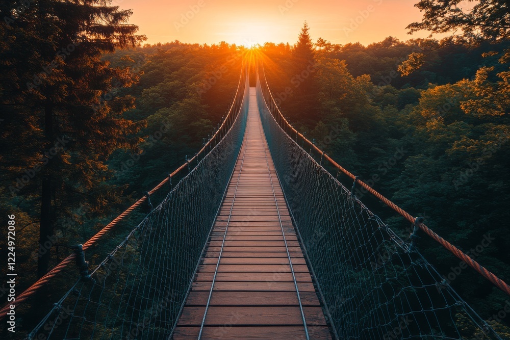 Fototapeta premium Suspension Bridge at Sunset Forest Path Adventure Travel