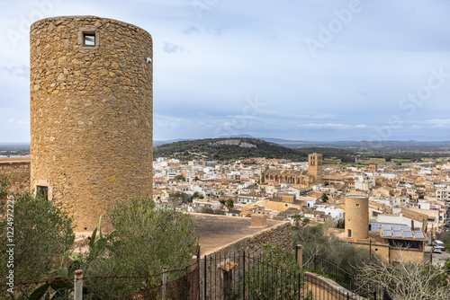 Restored old windmill towers Moli d'en Veny and Moli d'en Bota in front of the townscape of Felanitx, Mallorca, Balearic Islands, Spain, Europe photo