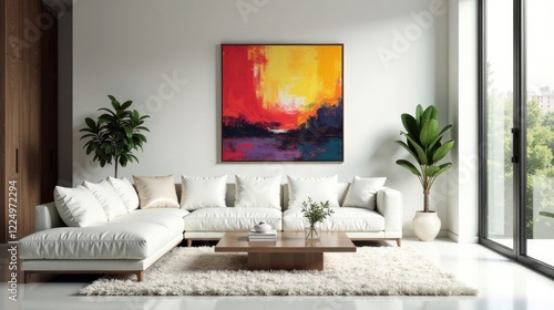Modern Sectional Sofa in Minimalist Living Room with Vibrant Abstract Artwork and Lush Greenery