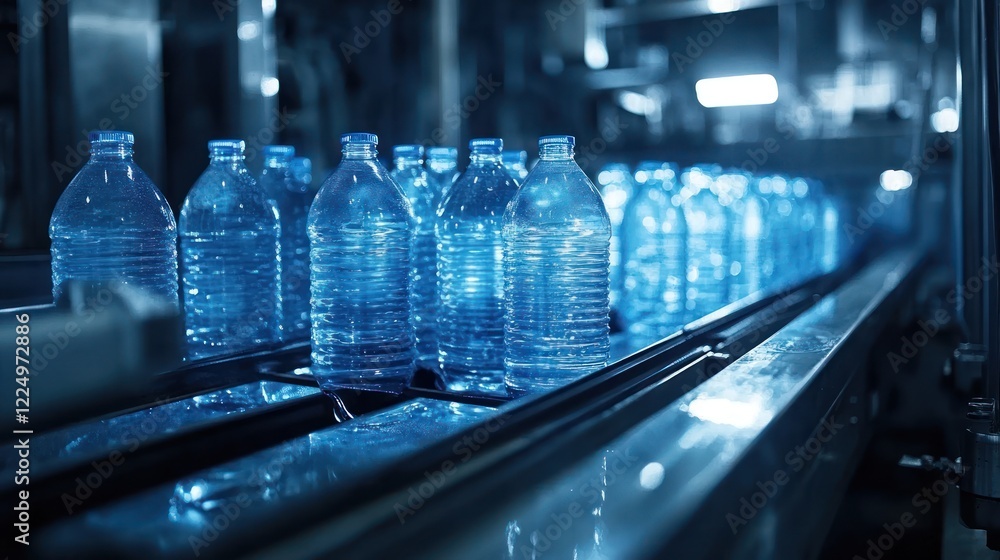 Bottled water moving on conveyor belt in factory. Bottled water moving on conveyor belt in factory.
