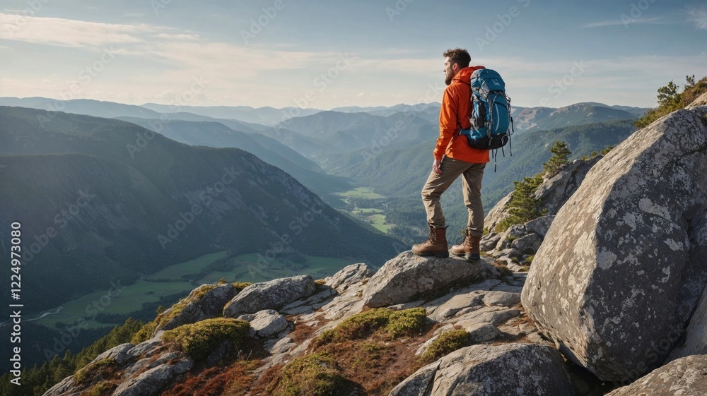 hiker in an orange jacket stands atop a rocky mountain peak, gazing over vast green valleys. The breathtaking view symbolizes adventure, exploration, and a connection with nature hiker in an orange jacket stands atop a rocky mountain peak, gazing over vast green valleys. The breathtaking view symbolizes adventure, exploration, and a connection with nature