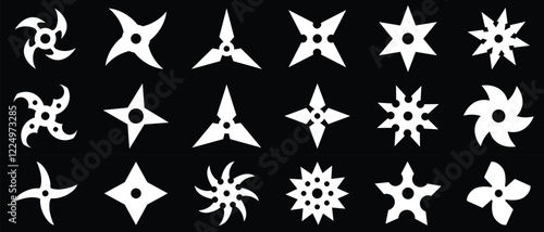 Set of ninja shuriken stars icons, Ninja Throwing Star Silhouettes. set of ninja weapon . white vector silhouettes isolated on black background