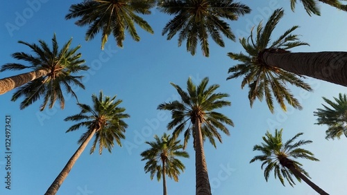 Wallpaper Mural A view from below on group of a tall palm trees against a clear blue sky. Peaceful serene tropical vacation background.	 Torontodigital.ca