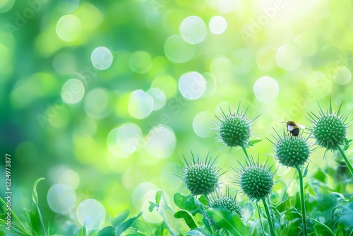 Bumble Bee on Echinops or Globe Thistle. Green Blurry Background. Copy Space. photo