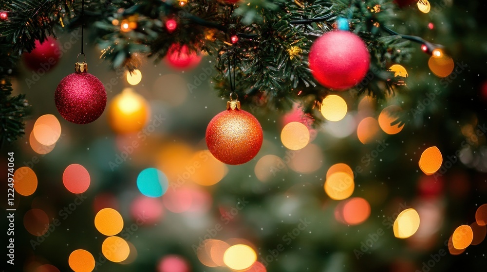 Festive Christmas Ornaments on a Tree with Blurry Lights Festive Christmas Ornaments on a Tree with Blurry Lights