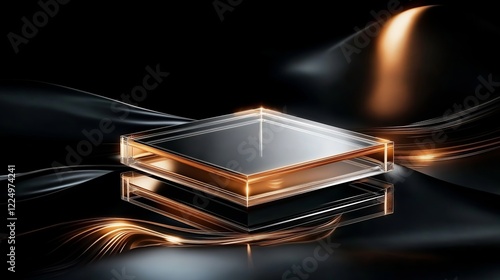 Elegant square podium with transparent layered surfaces and glowing edges, set against a sleek black backdrop for product display.