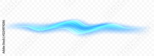 Light blue waves glowing on transparent background. Purity and lightness. Clean air flow. Vector effect.