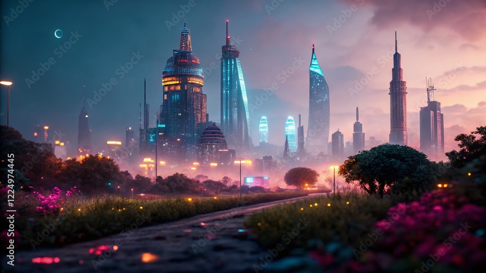Obraz premium Surreal City Skyline Wallpaper: Point Cloud Blurred Effect