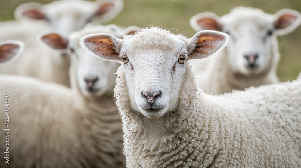 Fototapeta premium White sheep in pastoral setting with soft focus. Perfect for sustainable farming and wool industry.