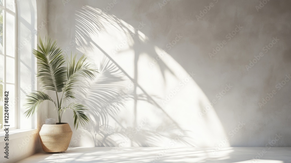 Serene Indoor Space with Decorative Palm Plant and Soft Shadows Serene Indoor Space with Decorative Palm Plant and Soft Shadows