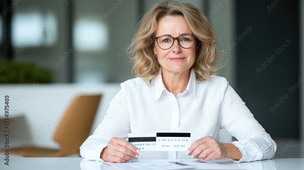Confident woman reviewing finances at office desk. Use financial planning Confident woman reviewing finances at office desk. Use financial planning