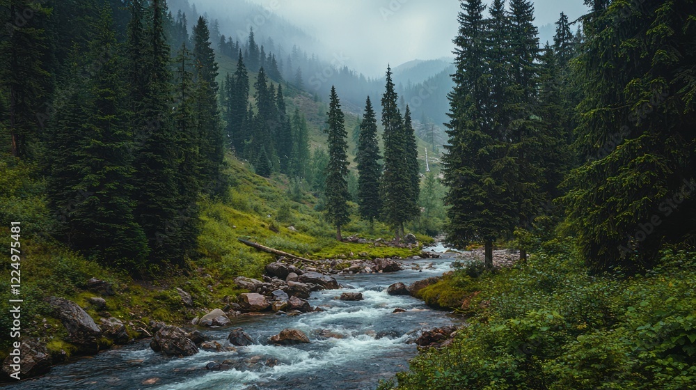 A serene mountain forest with a river flowing through the dense greenery. A serene mountain forest with a river flowing through the dense greenery.