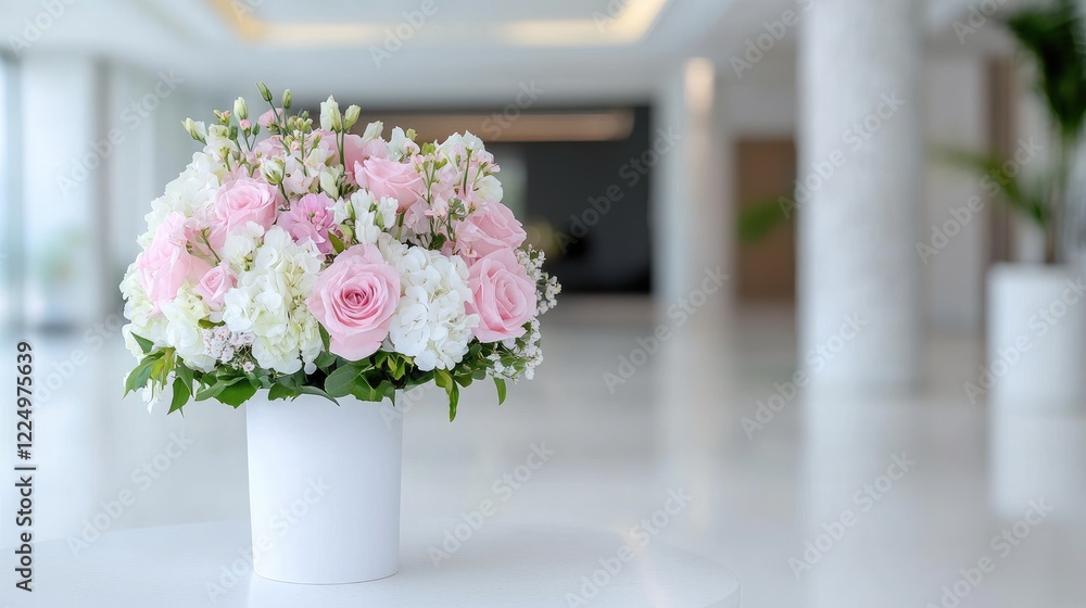 Pink and white roses bouquet in modern lobby. Floral arrangement for event Pink and white roses bouquet in modern lobby. Floral arrangement for event