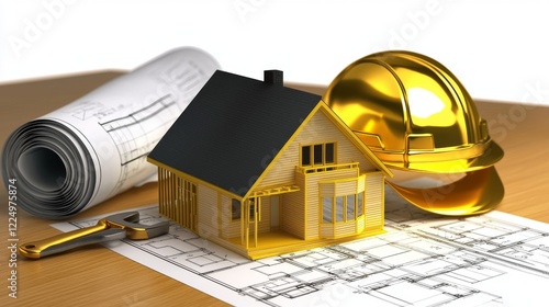 A disorganized desk featuring architectural blueprints, building permits, and scattered paperwork, surrounded by model homes and construction hats, depicting the housing development process