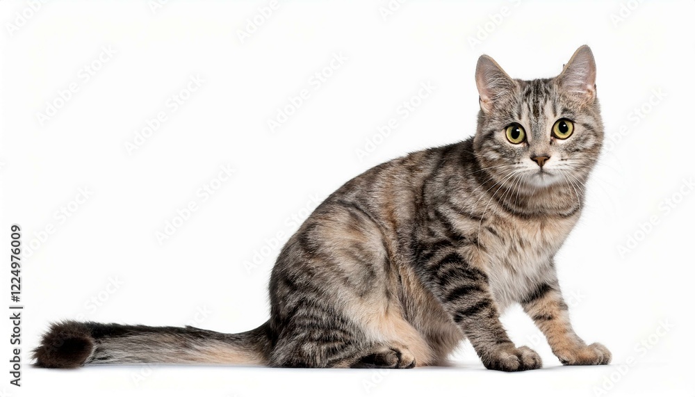 Grey stripped mixed-breed cat sitting, cat, kitten, isolated, white, funny, breed, animal, fun, cute, background, fur, furry, looking, portrait, domestic, felino, mammal, pet, young, grey, ad on white