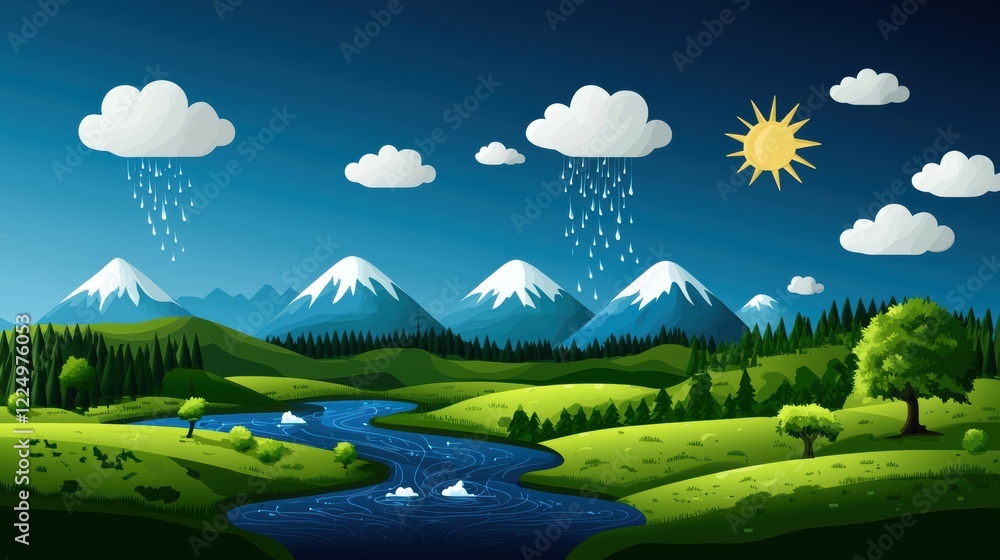 Fototapeta premium A vibrant, illustrated landscape featuring mountains, clouds, sun, rain, and a flowing river surrounded by lush greenery.
