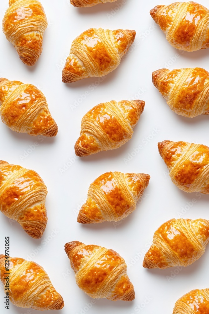 © EchoFrame - Freshly Baked Golden Croissants Arranged on a White Surface in a Minimalist Flat Lay Style © EchoFrame - Freshly Baked Golden Croissants Arranged on a White Surface in a Minimalist Flat Lay Style