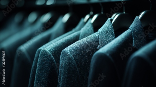 Designer suits on hangers in boutique display. Perfect for luxury fashion retail.