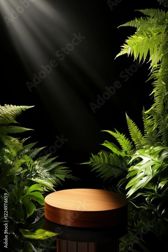 Round wooden podium surrounded by lush green foliage, illuminated by soft natural light, creating an elegant nature-inspired product display. photo